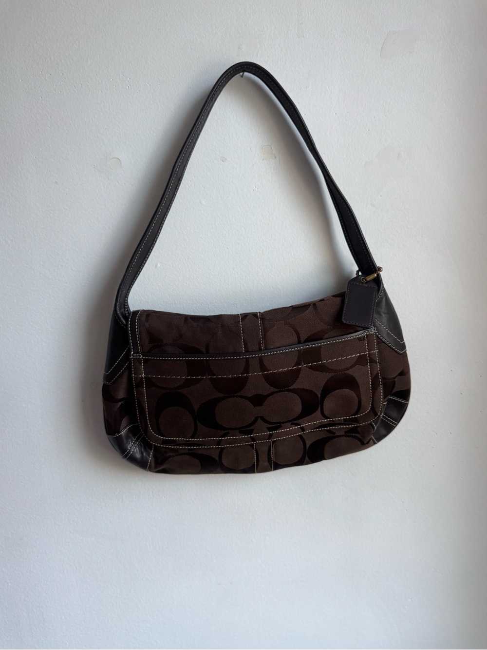 Coach Dark Brown Signature Canvas Shoulder Bag with Gold Turnlock - Picture 3 of 6